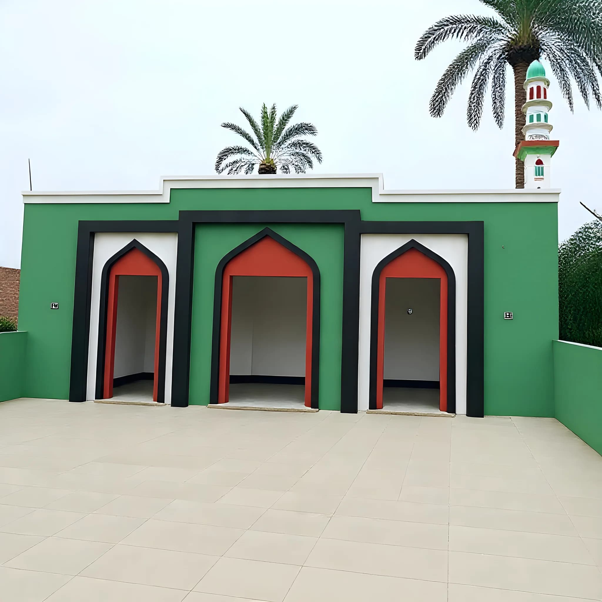 Grønn masjid med tre buede innganger i rødt og svart, flislagt gårdsplass og en minaret bak